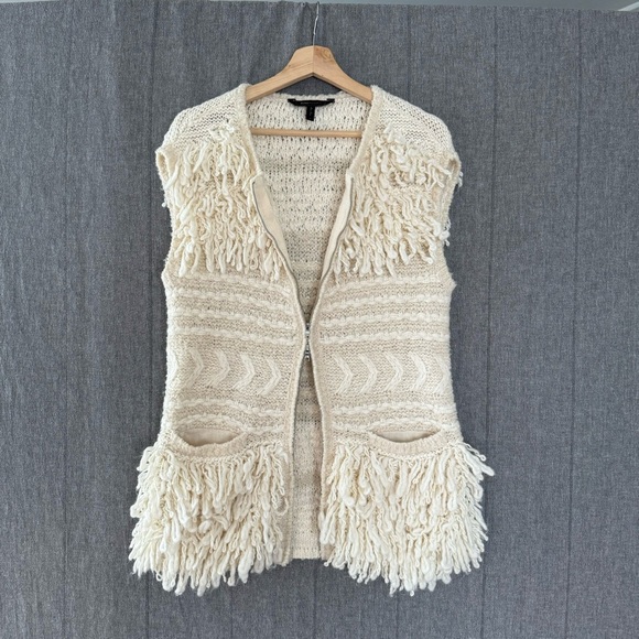 BCBGMaxAzria  Cream Ecru Wool Alpaca Blend Fringe Double Zip Up Sweater Vest - Picture 3 of 14